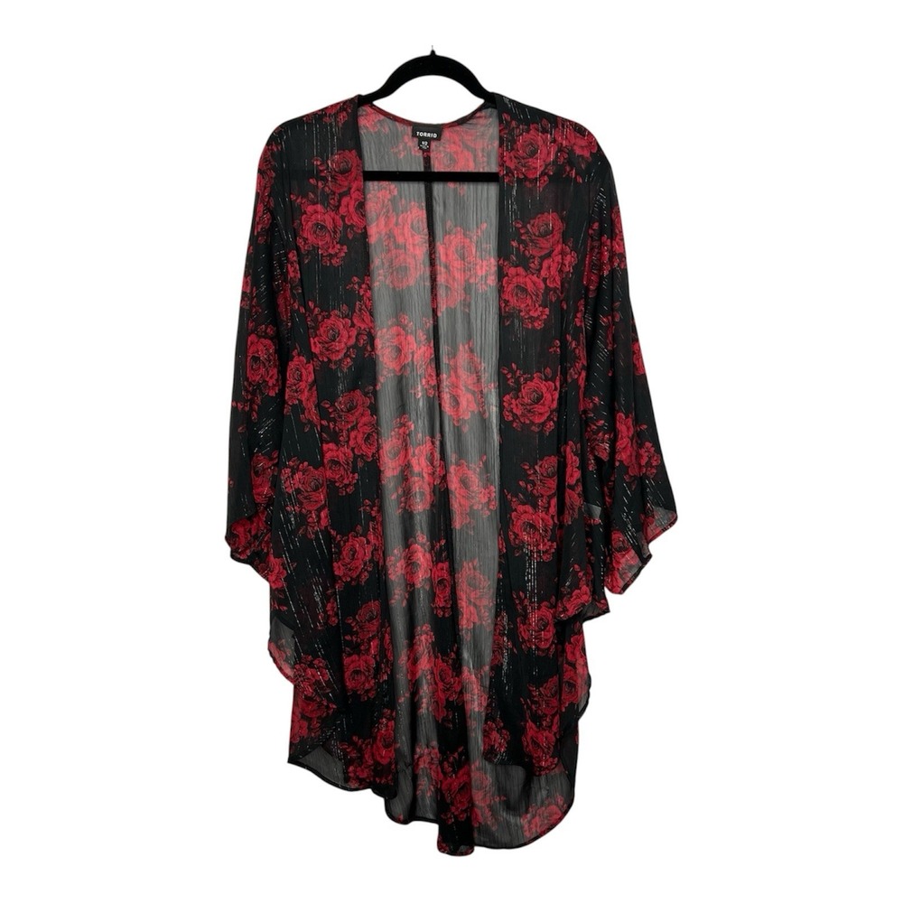 Torrid Kimono Womens 2X Black Red Rose Sheer Open Flowy Whimsygoth Flowy Boho